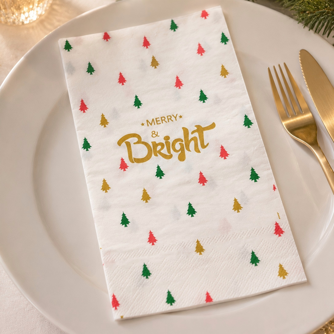 Serviettes de table jetables imprimées Merry & Bright Gold, pour la table de fête de Noël